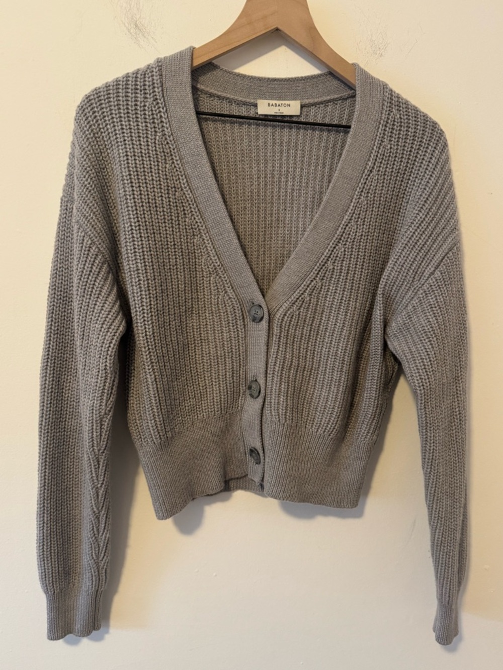 Babaton Wool Gray Knit V-Neck Button Cardigan